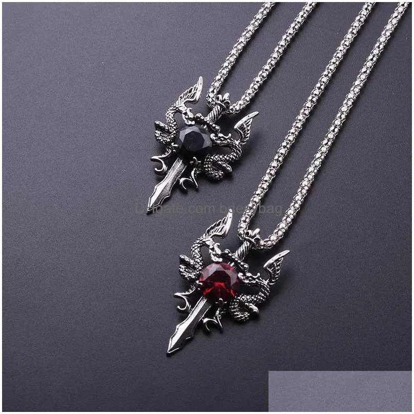 pendant necklaces cool punk vintage dragon sword pendants red black crystal necklace for men charm jewelry