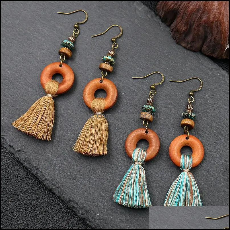 bohemian fringe tassel dangle earrings for women ethnic green yellow color drop earing geometric wood wooden earring jewelry c3