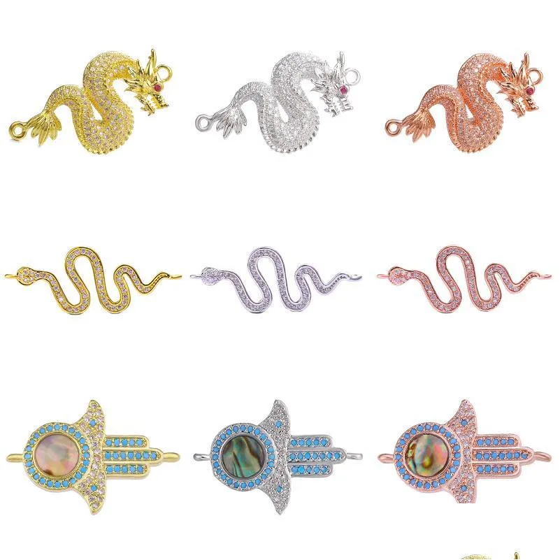 juya diy talisman accessories micro pave zircon dragon snake hamsa connectors for women men needlework jewelry making