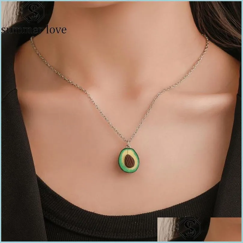 2019 cute avocado earrings pendant necklace keychain set for women girl creative soft pottery fruit charms necklace party gifts