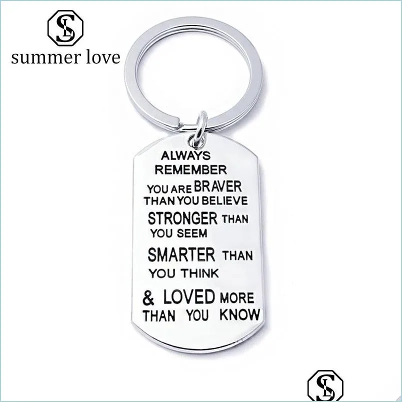 stainless steel key chain ring engraved inspirational word you are braver stronger smarter than you think pendant family friend