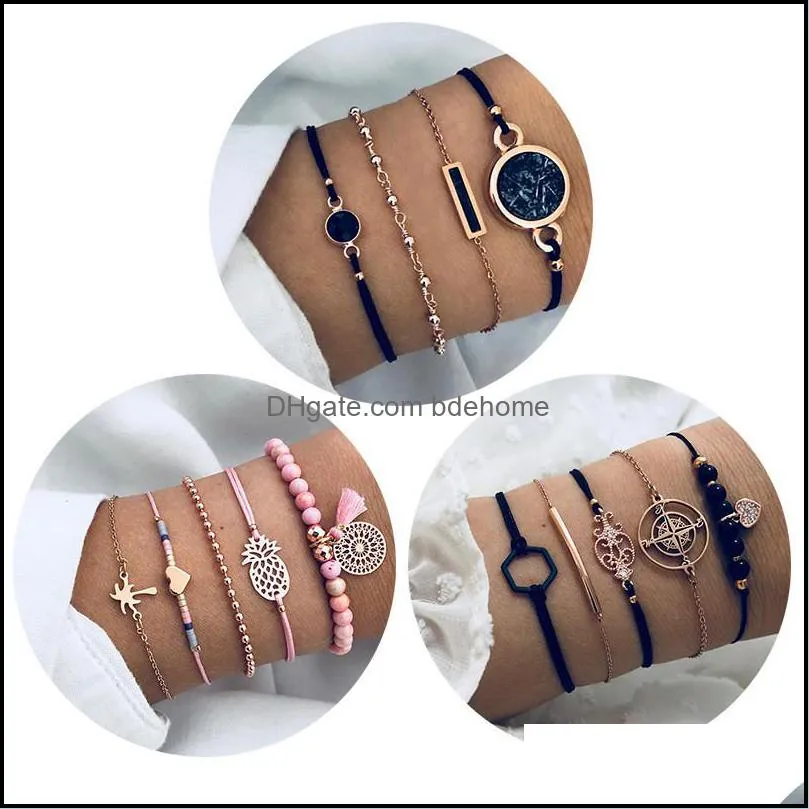 women bohemia bracelet jewelry charm adjustable chain compass totem black hexagon bracelets love diamond pendant dhs k79fa