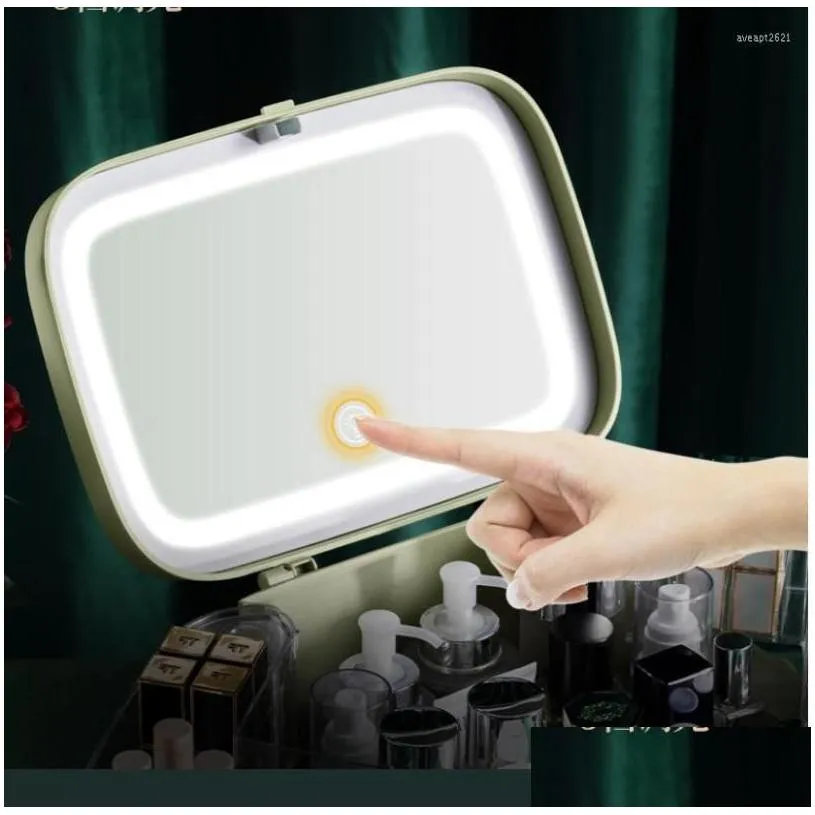 storage boxes cosmetic box with mirror led light desktop makeup organizer case dustproof drawer type for cosmetics