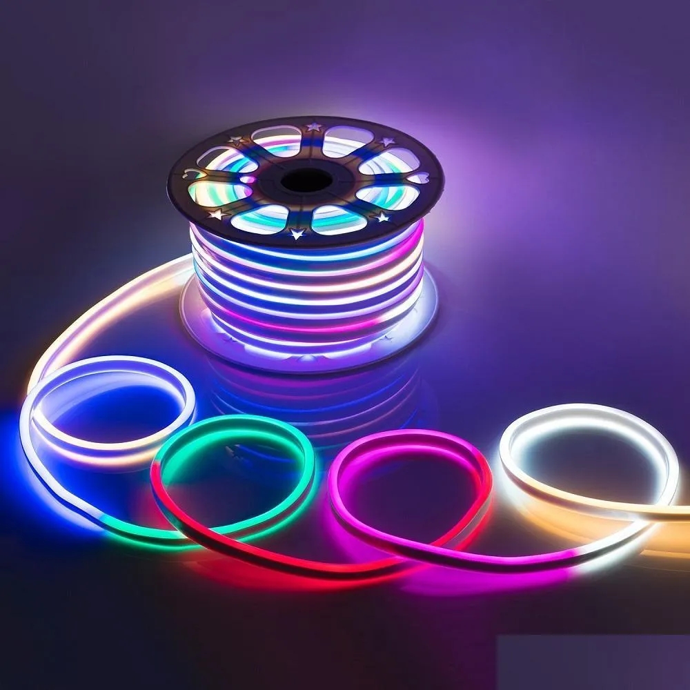 ac 110240v flexible rgb led neon light strip ip65 multi color changing 120leds/m led rope light outdoor add remote controller add power