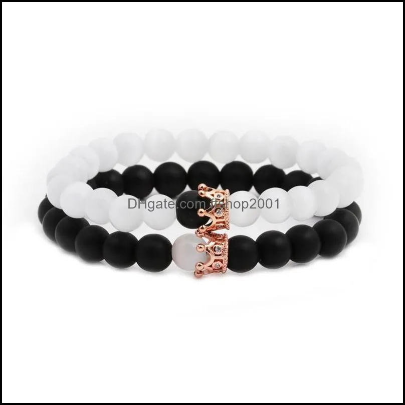 2pcs set fashion handmade black matte beads cats eye opal beads bracelet set creative crown bracelets for women and men