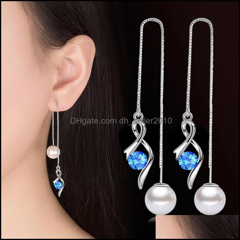 925 sterling silver woman fashion jewelry heart ear line high quality crystal zircon pearl long tassel retro earring 1187 t2