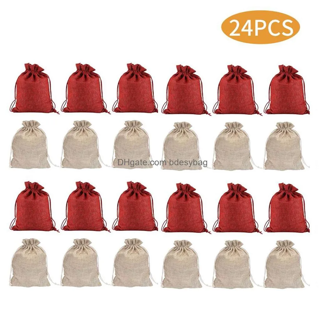 gift wrap 24 pcs linen jute drawstring bags sacks party favors packaging bag wedding candy red sack supplies1