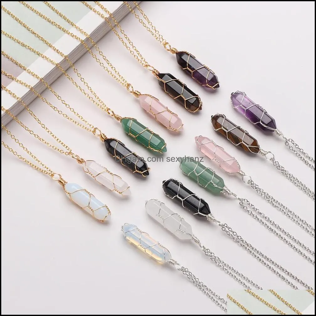 hexagonal cylindrical crystal necklace natural stone pendant wire wrap necklace for women men fashion jewelry