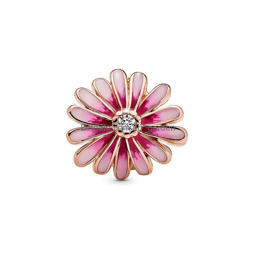 925 sterling silver pink daisy flower charm beads fit original pandora charms bracelet jewelry making accessories whole