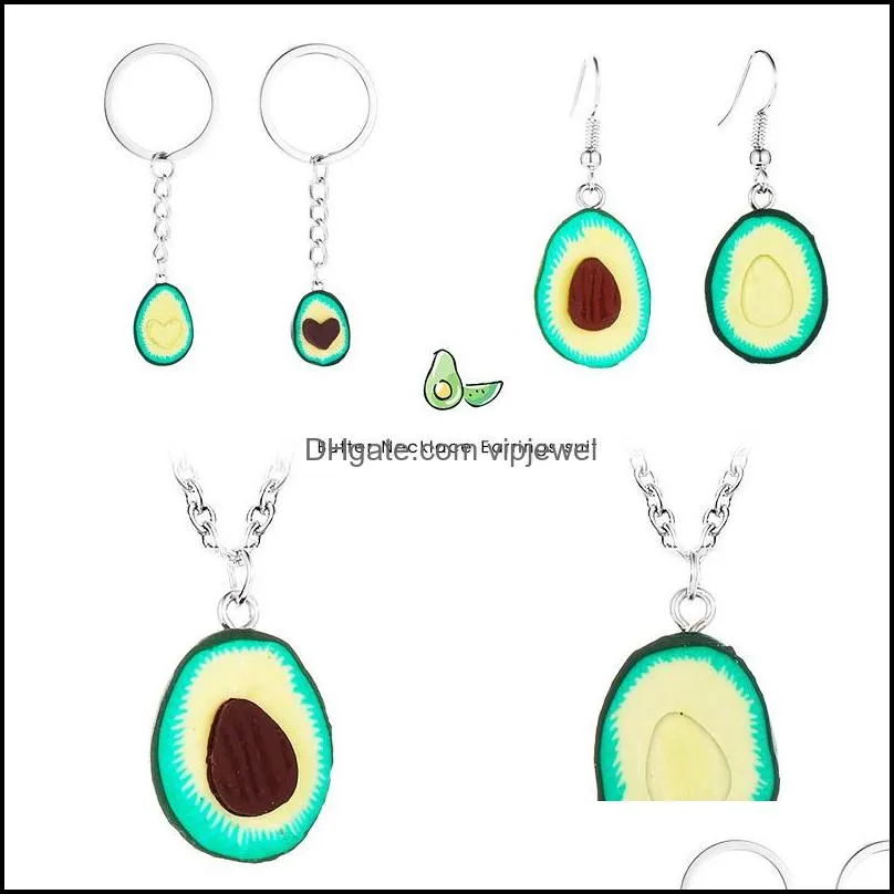 2019 cute avocado earrings pendant necklace keychain set for women girl creative soft pottery fruit charms necklace party gifts