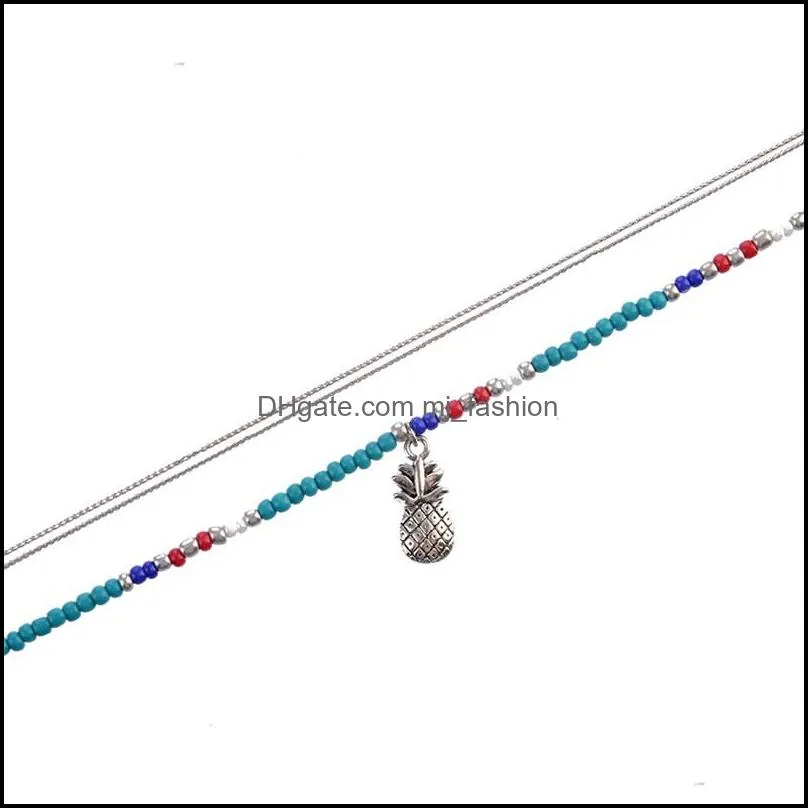 bohemian vintage ethnic blue beaded pineapple charm double chain anklet for woman man beach vacation anklet bracelet on the leg foot