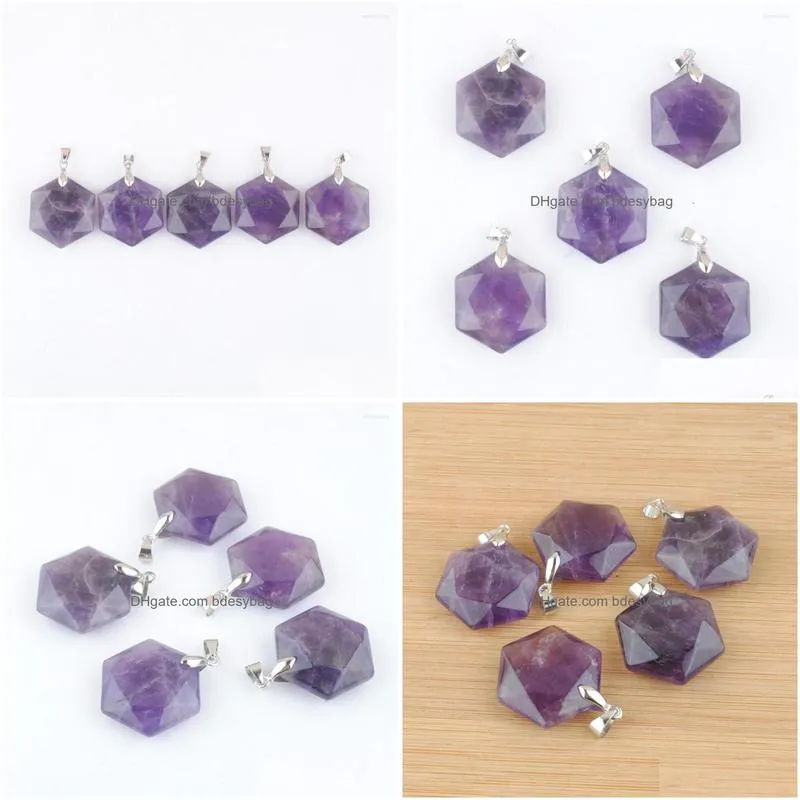 pendant necklaces 5pcs/lot faceted polygon shape amethysts natural stone pendants for jewelry making diy necklace earrings tn4379
