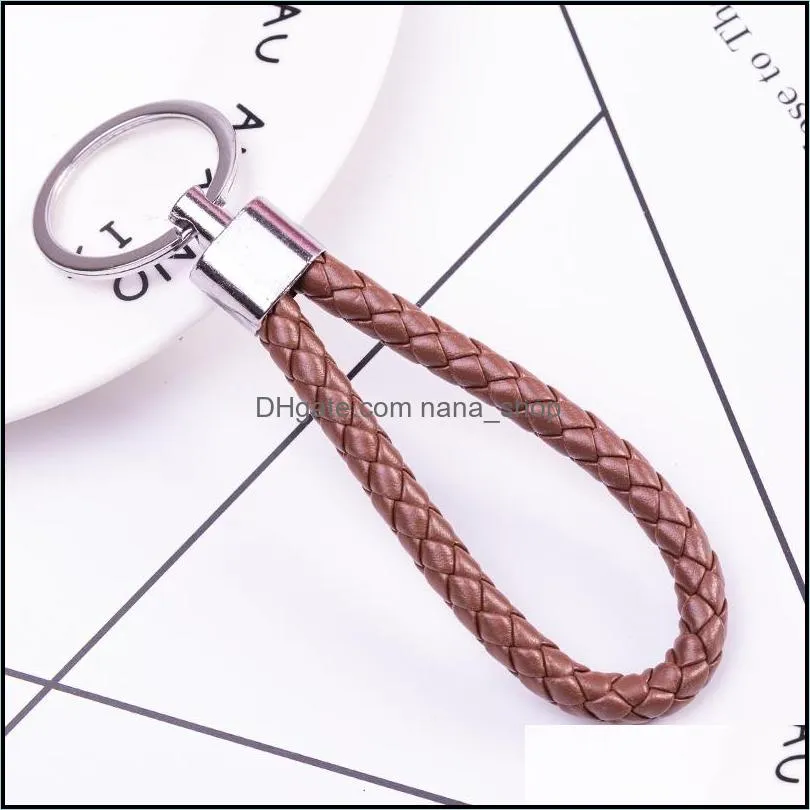  handmade pu leather keychain braided string rope metal key ring woven cord chains holder diy jewelry accessories