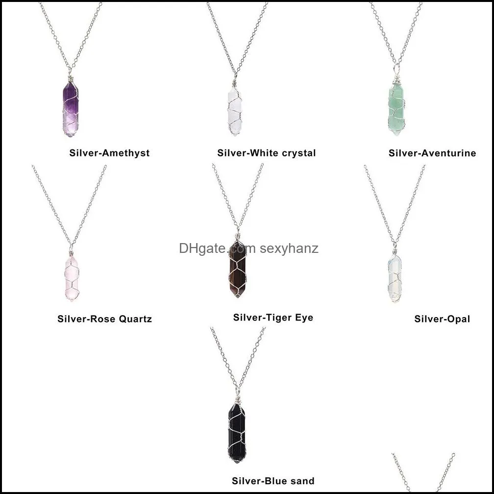 hexagonal cylindrical crystal necklace natural stone pendant wire wrap necklace for women men fashion jewelry