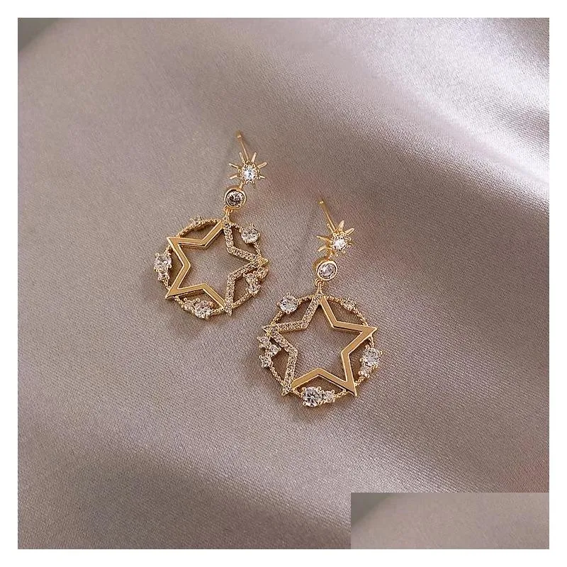 fashion jewelry s925 silver post earrings star circle rhinstone dangle stud earrings