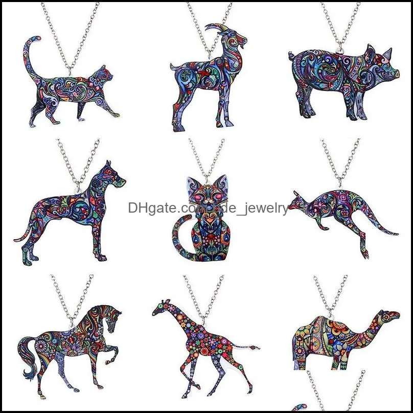 colorful double side acrylic printing cat dog dragon horse camel pendant necklace for women costume sweater chain handmade animal