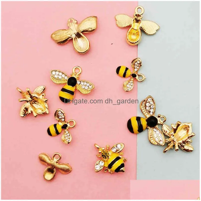 10 pcs lovely rhinestone bee enamel pendants for diy jewelry accessories finding earring gold color metal insect charms