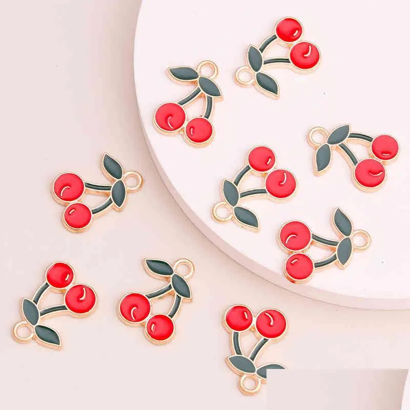 10pcs 17x12mm enamel cherry charms beads for diy making bracelets necklaces crafting drop earrings jewelry accessories