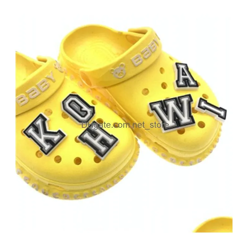  selling 1pcs black white alphabet shoes charms silicone croc accessories kids xmas gifts wristband hole slipper decor