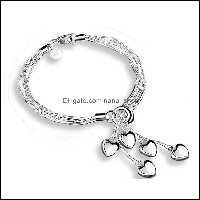 925 sterling silver bracelet high quality 5 love heart charm silver bangles and bracelets snake chains for women ladies fashion