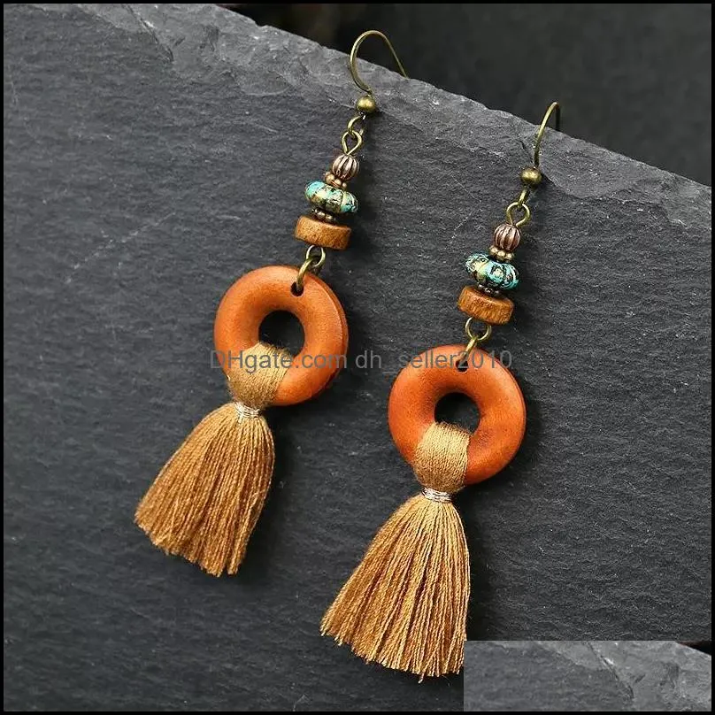 bohemian fringe tassel dangle earrings for women ethnic green yellow color drop earing geometric wood wooden earring jewelry c3