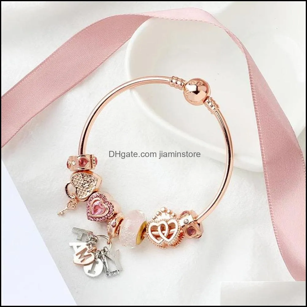 original pandoras fashion s925 silver rose gold charm beads heart lock bangles women chain letter bracelets jewelry holiday gift b348t