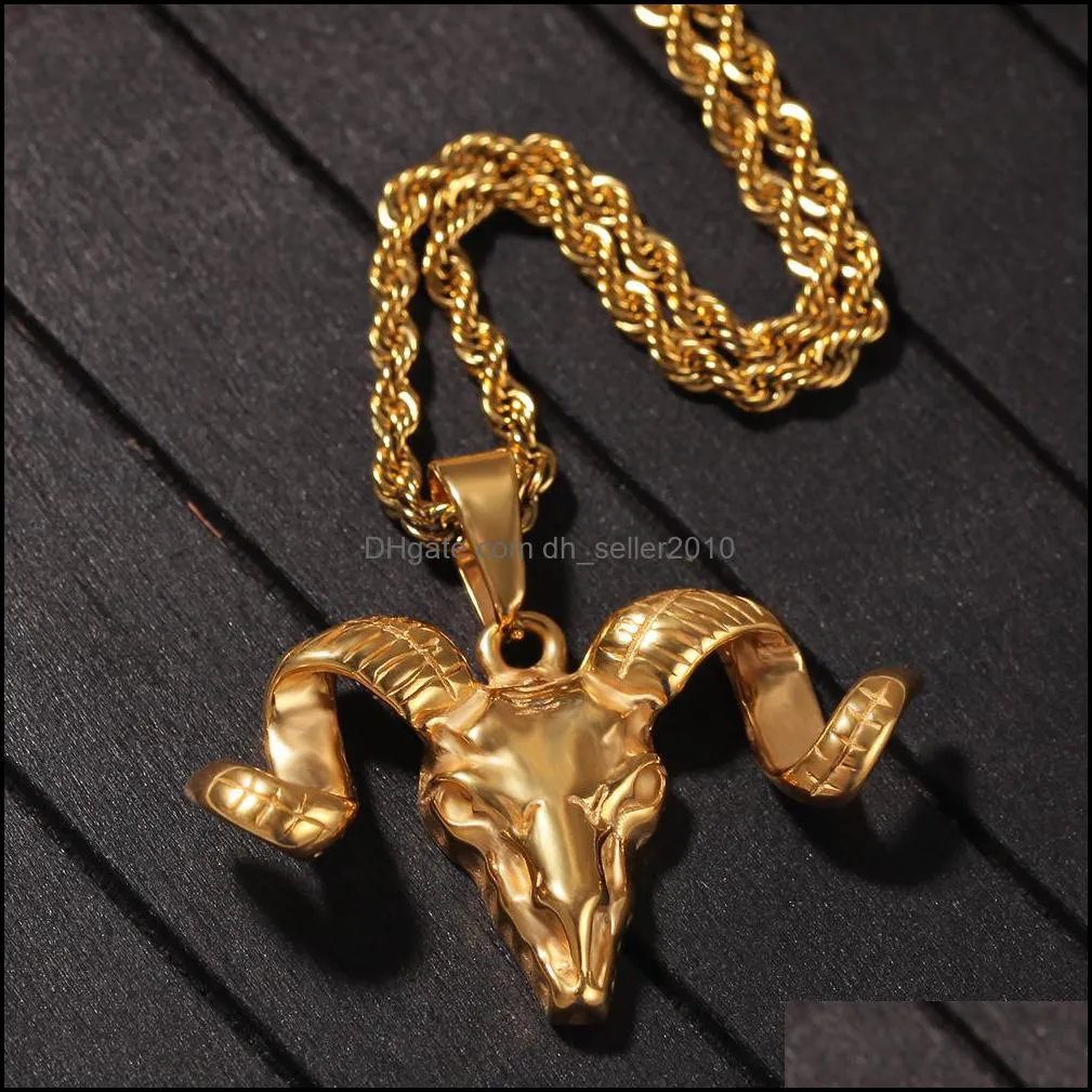 retro sheep head men pendant necklace gold plated shofar stainless steel animal necklace hip hop jewelry gift