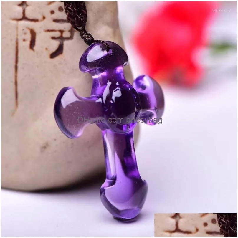 pendant necklaces wholesale natural crystal purple hand carved cross fine carving mascot amulet lucky rope chain necklace