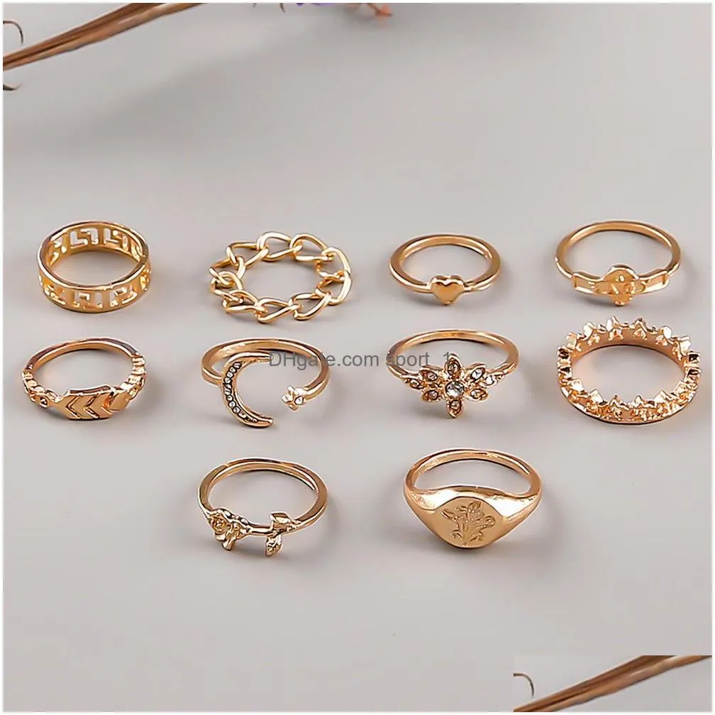 fashion jewelry knuckle ring set chain geometric flower moon heart crown stacking rings 10pcs/set