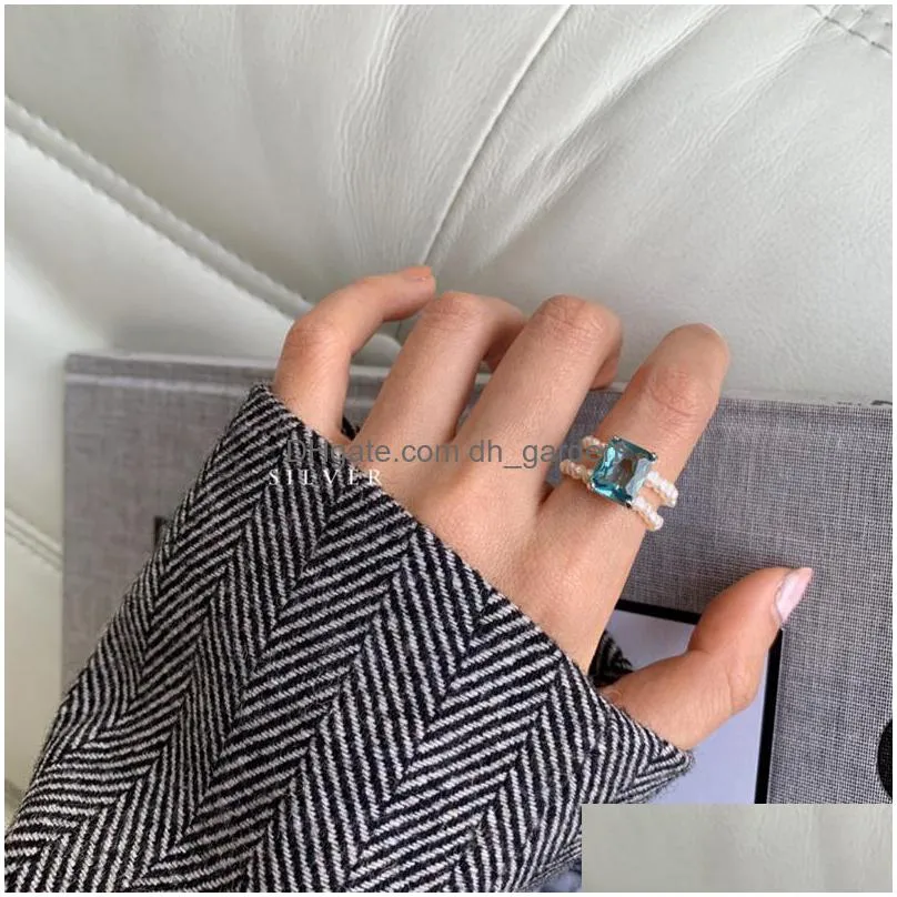 cluster rings silvology 925 sterling silver natural pearl square blue zircon for women double layer light luxury 2021 chic jewelry