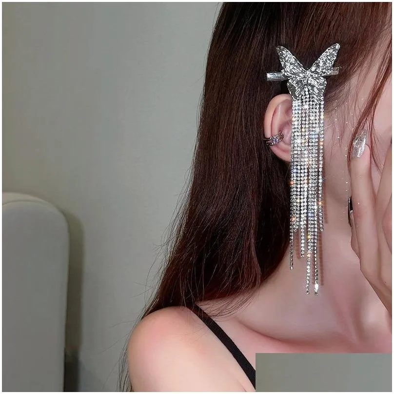 fashion jewelry women butterfly hairclip barrettes full diamond long tassels hairpin hair side clip accessories