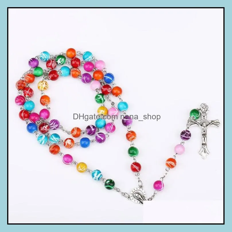  religious catholic rainbow rosary long necklaces jesus cross pendant 8mm bead chains for women men s fashion christian jewelry