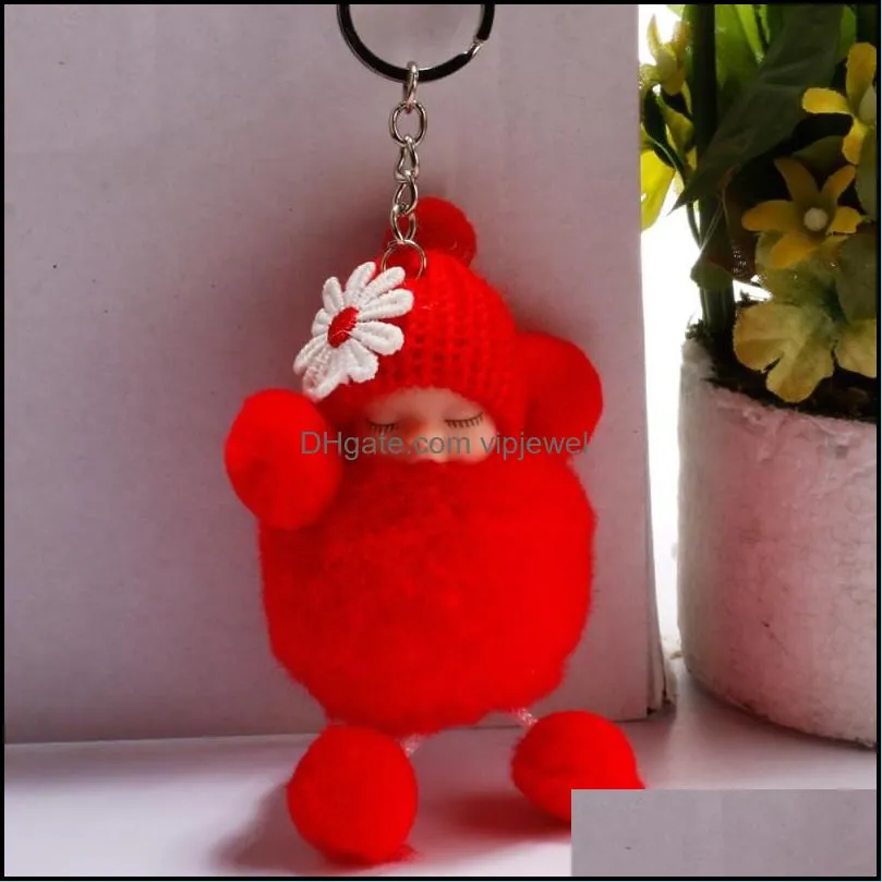 sleeping baby doll keychain pompom fur ball keyrings car key holder women bag pendant keychains charm gift