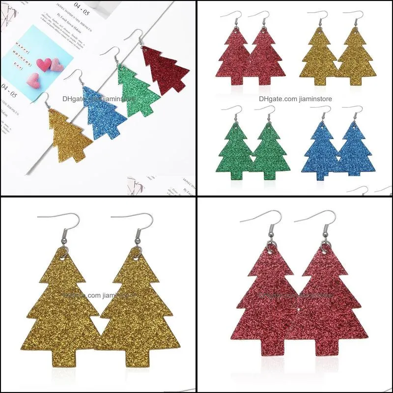 fashion pu leather christmas trees double sided sequins dangle earrings for women jewelry