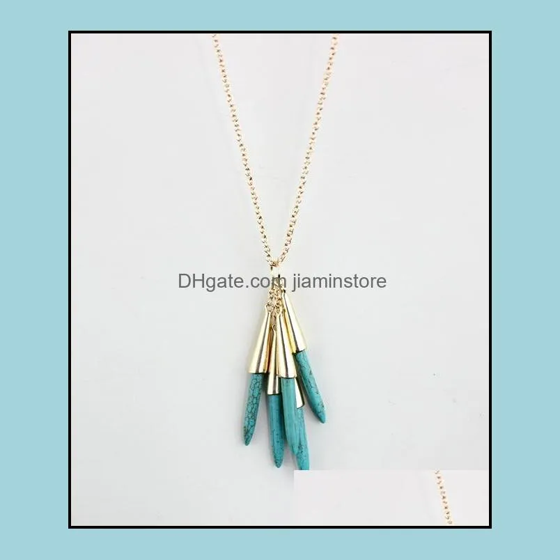 fashion natural stone white green turquoise necklace gold metal long chain sweater statement necklace