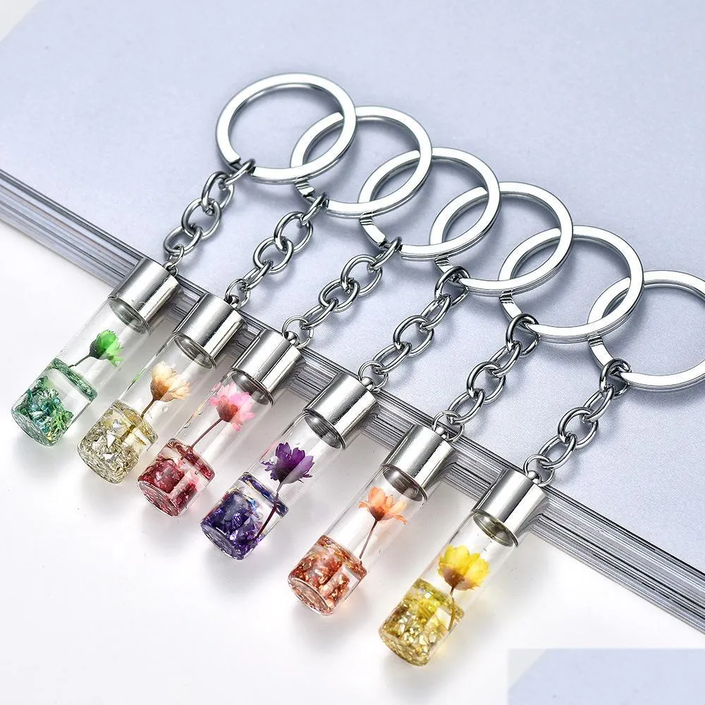 fashion jewelry bottle pendant key chain glass dry flower keychains pendant key ring