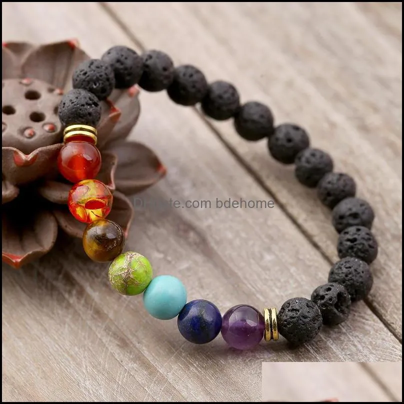 natural lava stone elastic bracelet for women men 7 chakra jewelry yoga energy aromatherapy bracelets bangle dhs b124s f