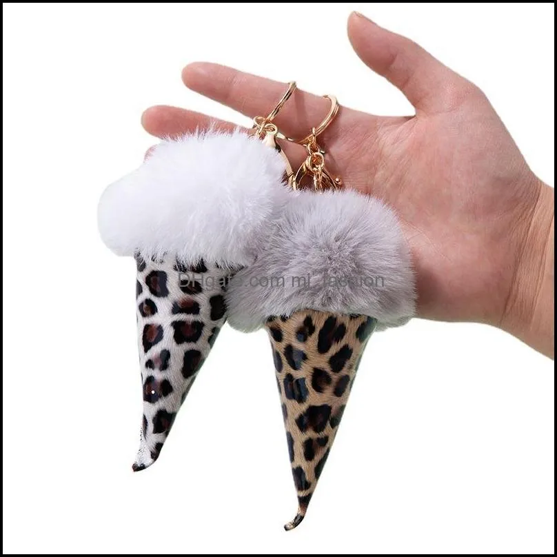 fashion leopard cone key rings fluffy pompom ice cream keychains jewelry cartoon plush pendant women car keyfobs p383fa