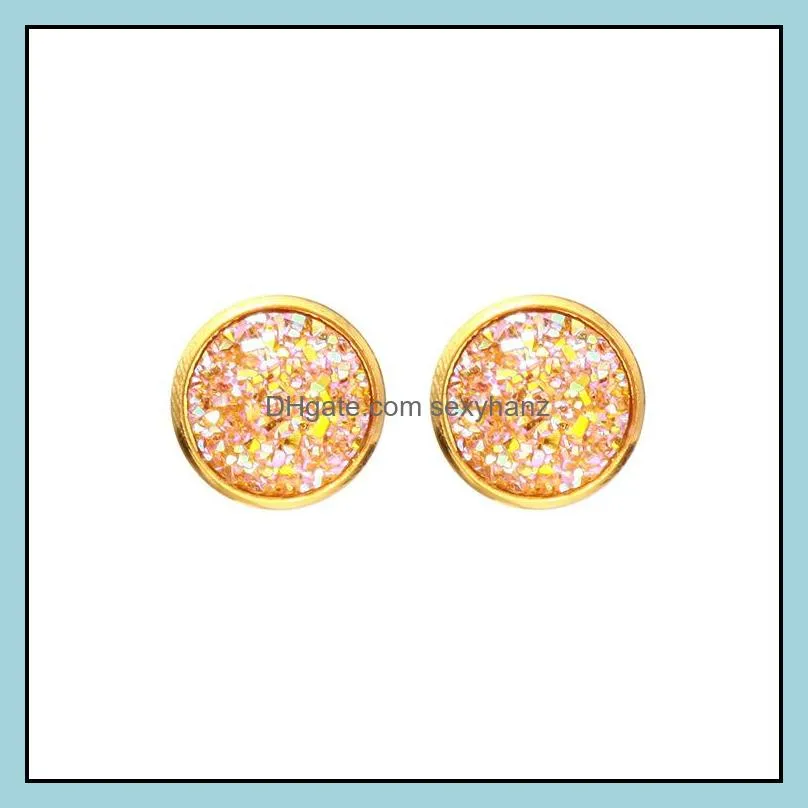 fashion 12mm resin druzy drusy round earrings gold color glitter handmade stud for women jewelry