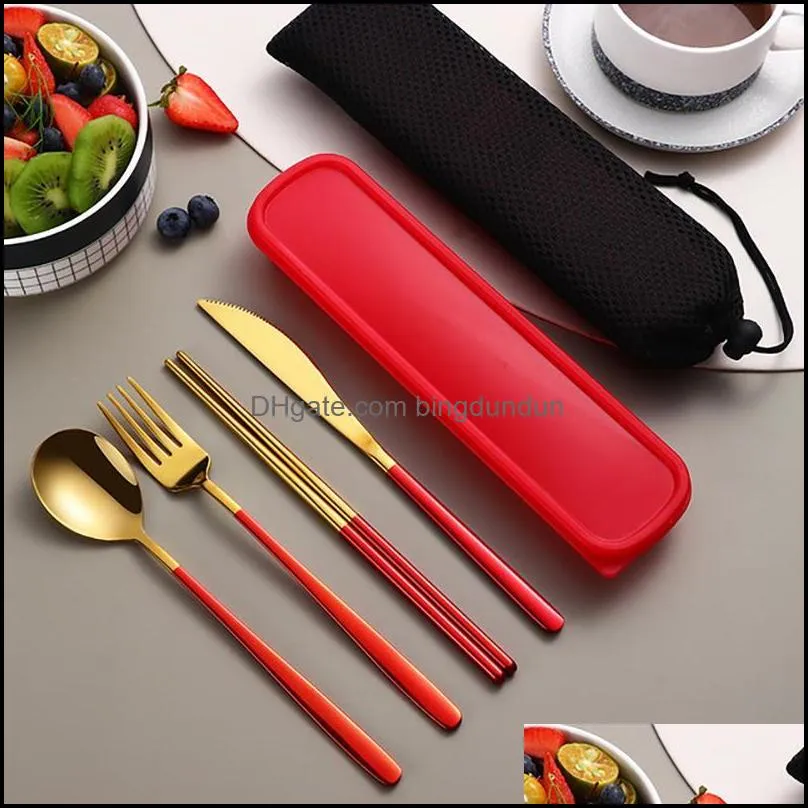 stainless steel flatware set portable cutlery sets for outdoor travel picnic dinnerware set metal straw with box and bag rre13746