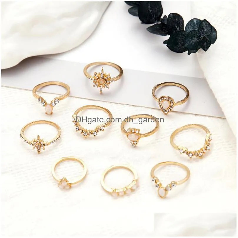 cluster rings european and american jewelry fashion temperament stars water drop rhinestone protein alloy ring set of 10 for women