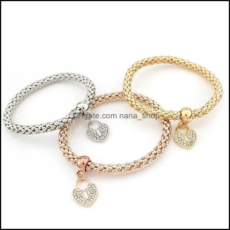 fashion jewelry bracelets 3 pieces set threecolour elastic crystal bar setting women bangle owl heart charm for bracelet jewelry