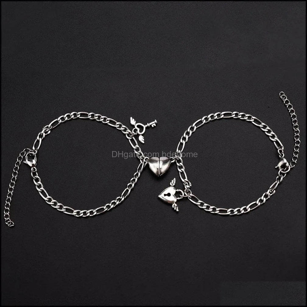 2 pcs magnet attract creative couple bracelet stainless steel friendship charm heart bracelets bangle jewelry q609fz