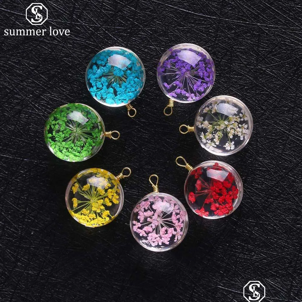  arrival 15mm dried flower glass pendant charm for necklace earring colorful transparent ball shape jewelry charm wholesale