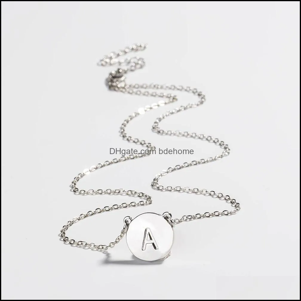  double sided initial letter pendant necklaces for women simple round 26 alphabet charm silver chains fashion jewelry in bulk