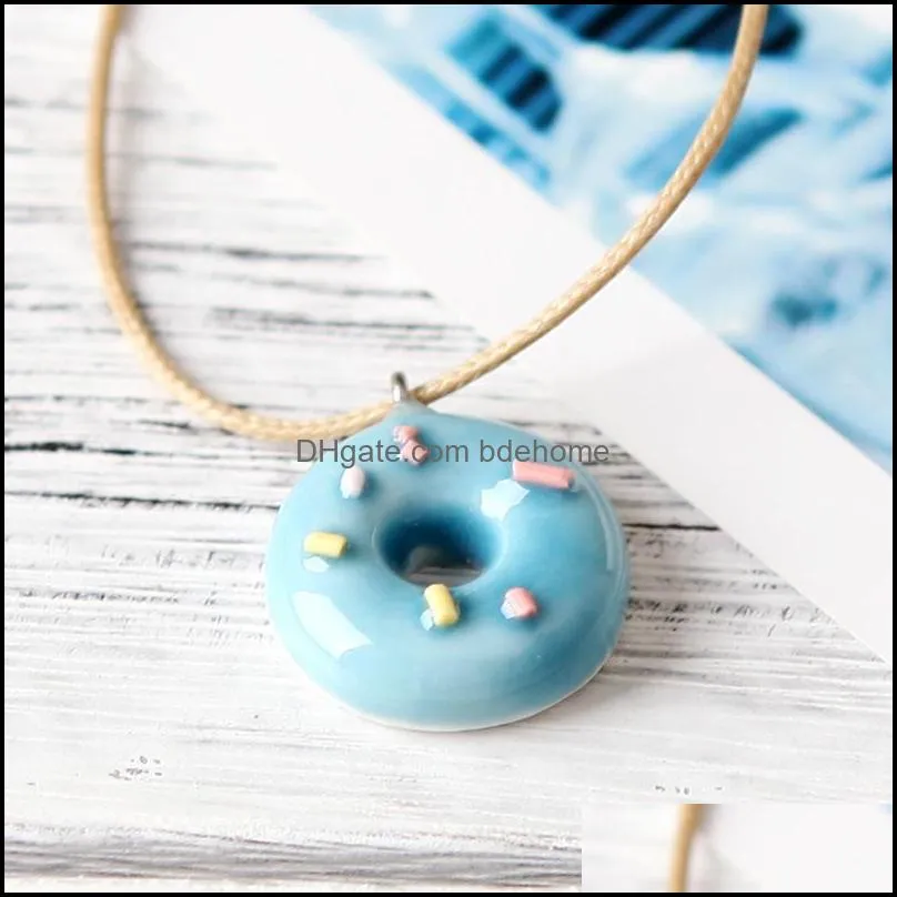  cartoon ceramic donut small  pendant necklaces leather rope chains for women girlfriend fashion simple jewelry gift