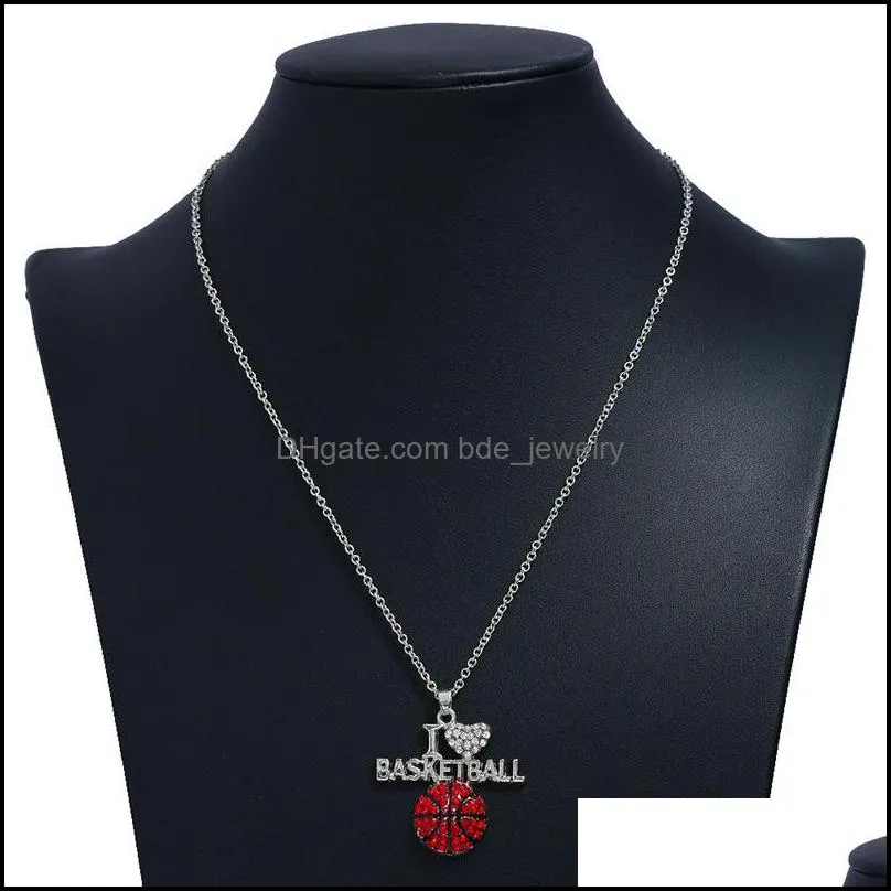 i love basketball sports necklaces for women crystal letter heart volleyball football pendant silver chains fashion jewelry gift