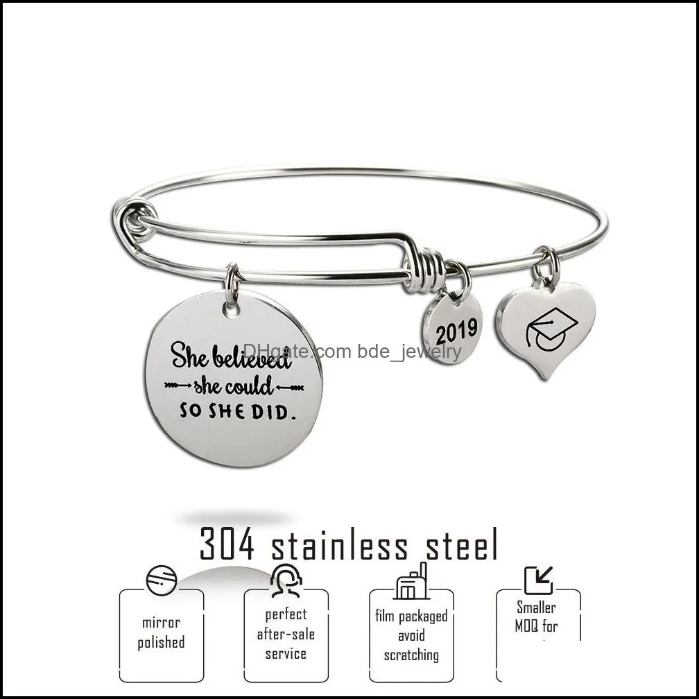 2019 she believed she could so she did bracelets for women bachelor cap charm expandable wire bangle fashion inspirational jewelry