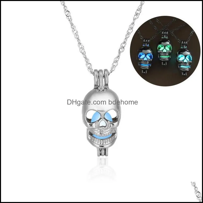 3 colors/styles glow in the dark necklaces for women hollow mermaid owl gun skull key dragon pineapple cage locket pendant chains