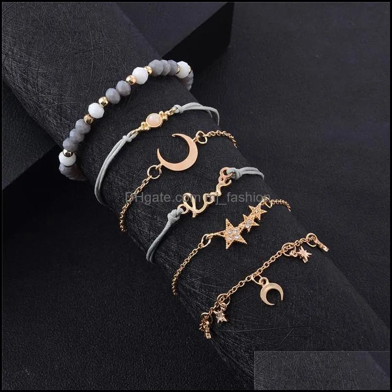 6 pcs / set star moon love crystal pendant gold acrylic bead bracelet for women classic multilayer braided rope chain bracelet set